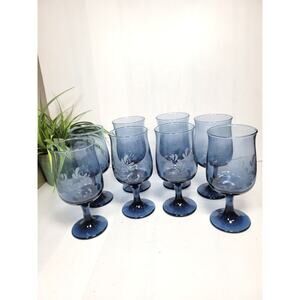 8 Vintage Pfaltzgraff Yorktowne Tulip Goblets 12 oz  Etched  Blue